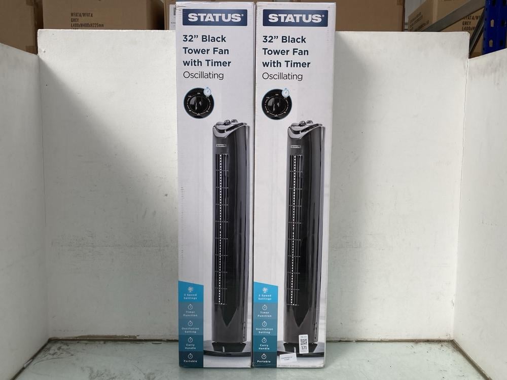 2 X STATUS 32 INCH BLACK TOWER FAN WITH TIMERS: LO