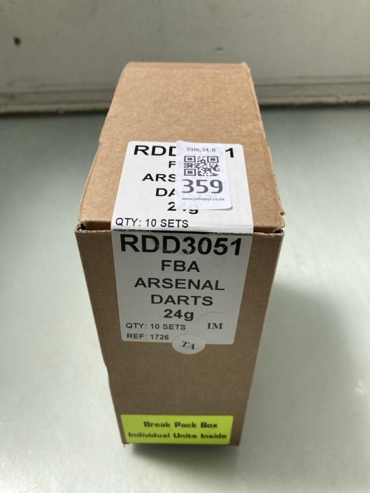 BOX OF 10 FBA ARSENAL DARTS (18+ ID REQUIRED): LOC