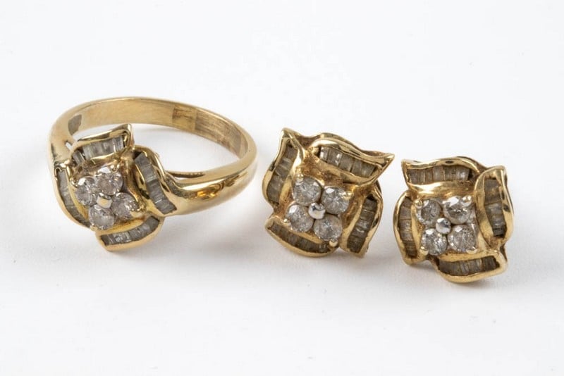 14K Yellow Diamond Earrings with Matching Ring, Si