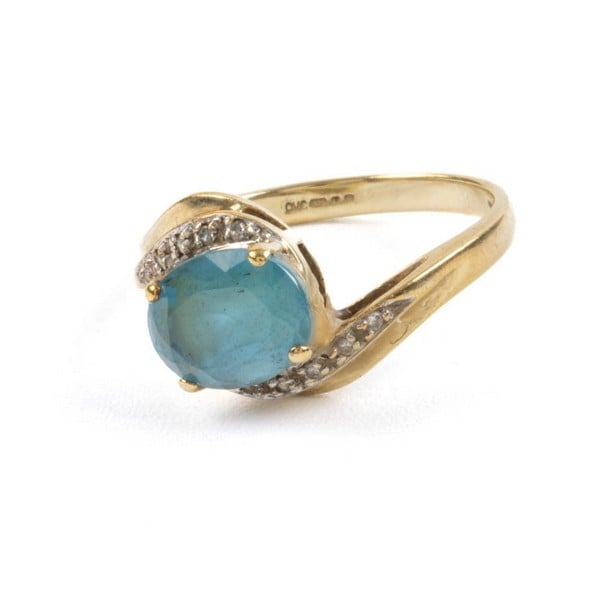 9K Yellow Blue Stone and Diamond Ring, Size N, 2.6