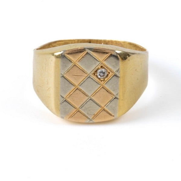 18K Tri-Colour Diamond Signet Ring, Size R, 6g.  A