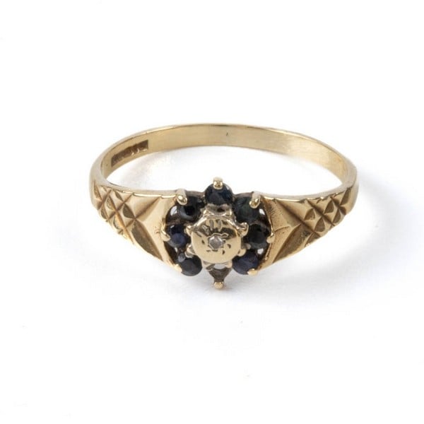 9ct Yellow Gold Sapphire and Diamond Flower Ring (