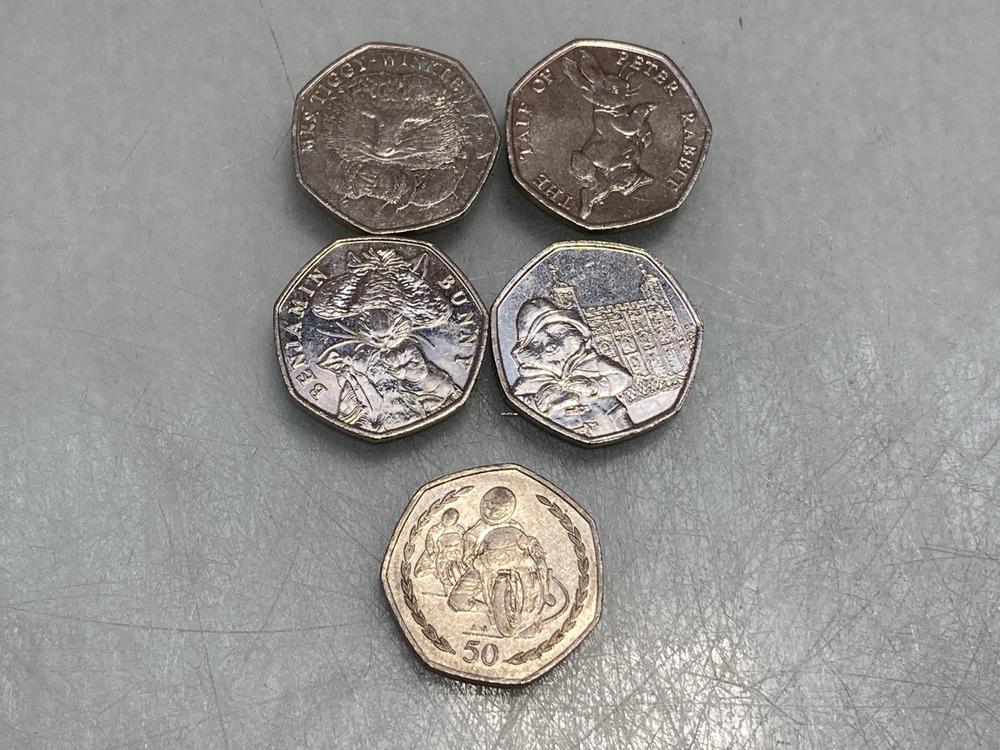 FIVE ASSORTED COLLECTIBLE FIFTY PENCE COINS: LOCAT