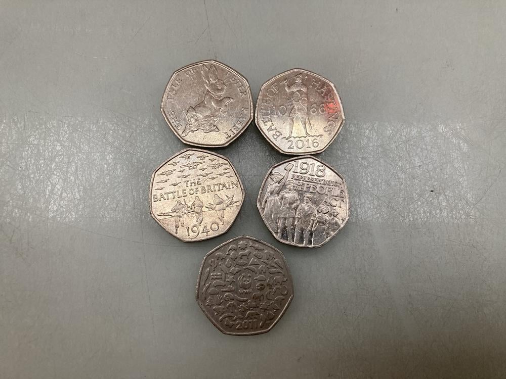 FIVE ASSORTED COLLECTIBLE FIFTY PENCE COINS: LOCAT