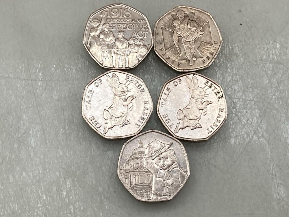 FIVE ASSORTED COLLECTIBLE FIFTY PENCE COINS: LOCAT