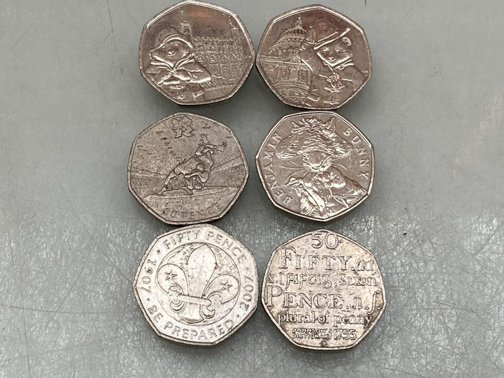 FIVE ASSORTED COLLECTIBLE FIFTY PENCE COINS: LOCAT