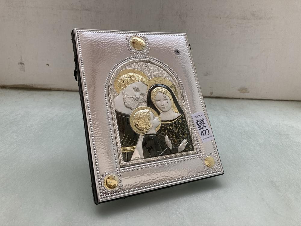A SLEVORI RUSSIAN ORTHODOX IKON COLOURED IN SILVER