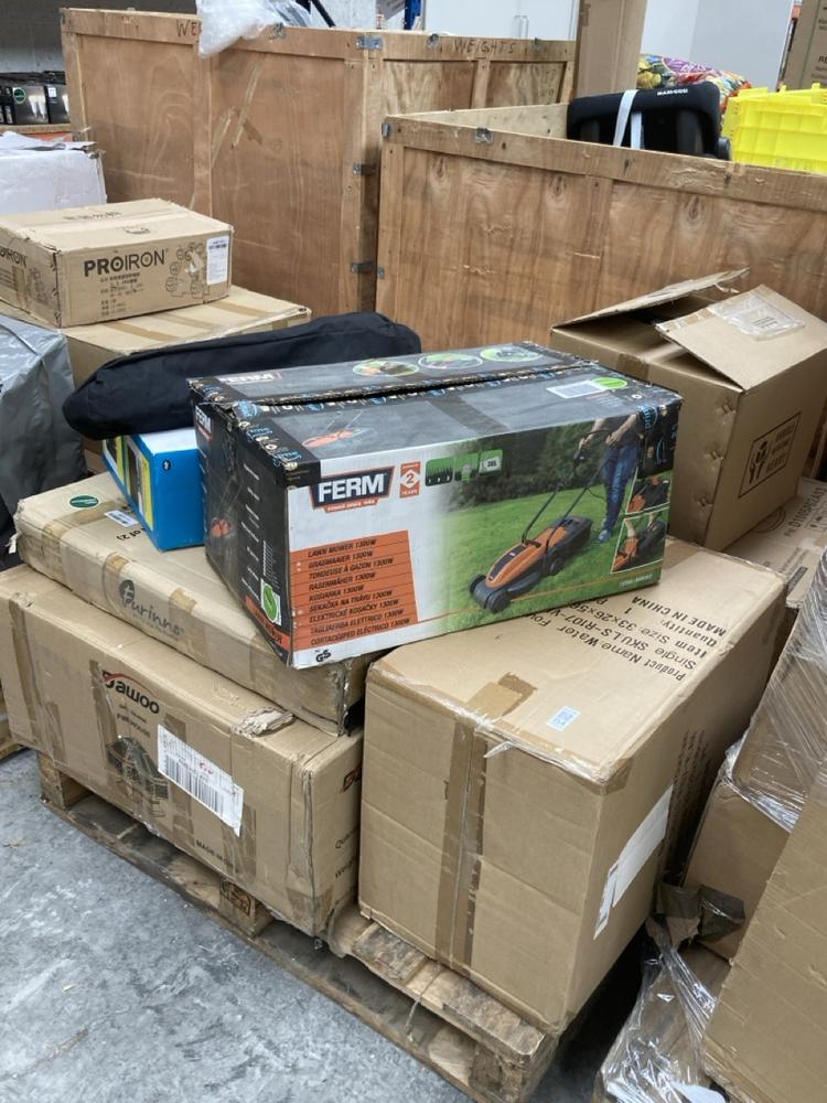 PALLET OF ASSORTED ITEMS TO INCLUDE FERM LAWN MOWE