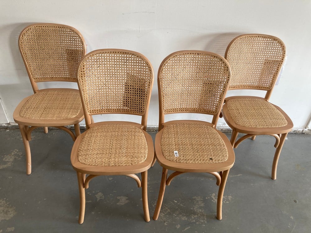 SWEEK VINTAGE WOOD AND RATTAN CHAIRS, SET OF 4
