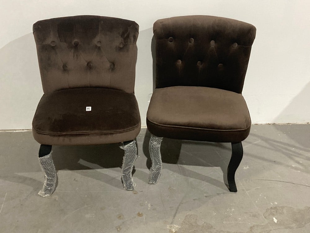2 X SMALL BROWN VELVET ARMCHAIRS (MODEL AND RRP NO