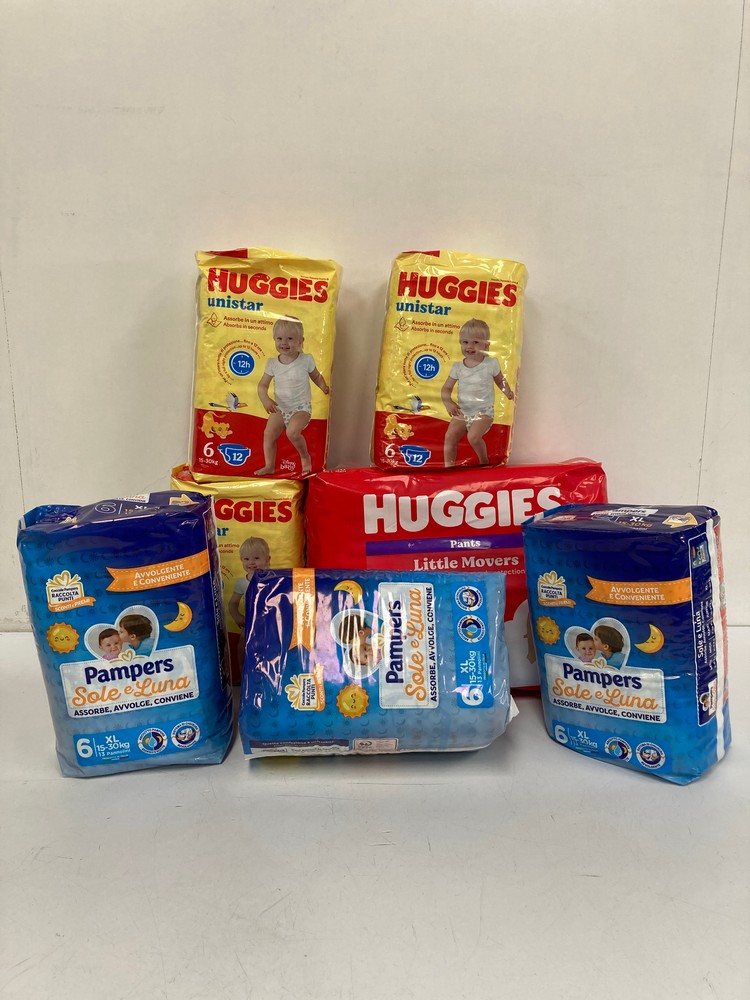 7 X SIZE 6 NAPPY PACKS – VARIOUS BRANDS AND TYPES,