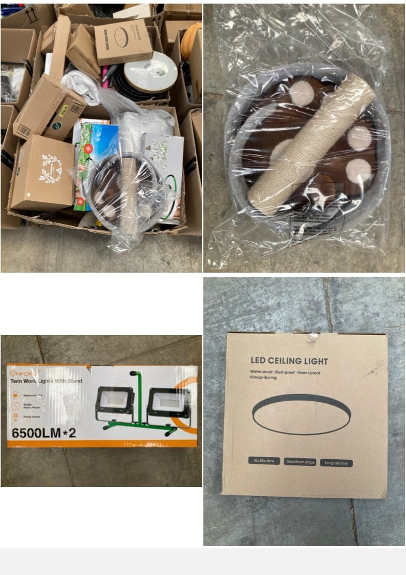 ASSORTED ITEMS PALLET INCLUDING A 100W LED WORK LI