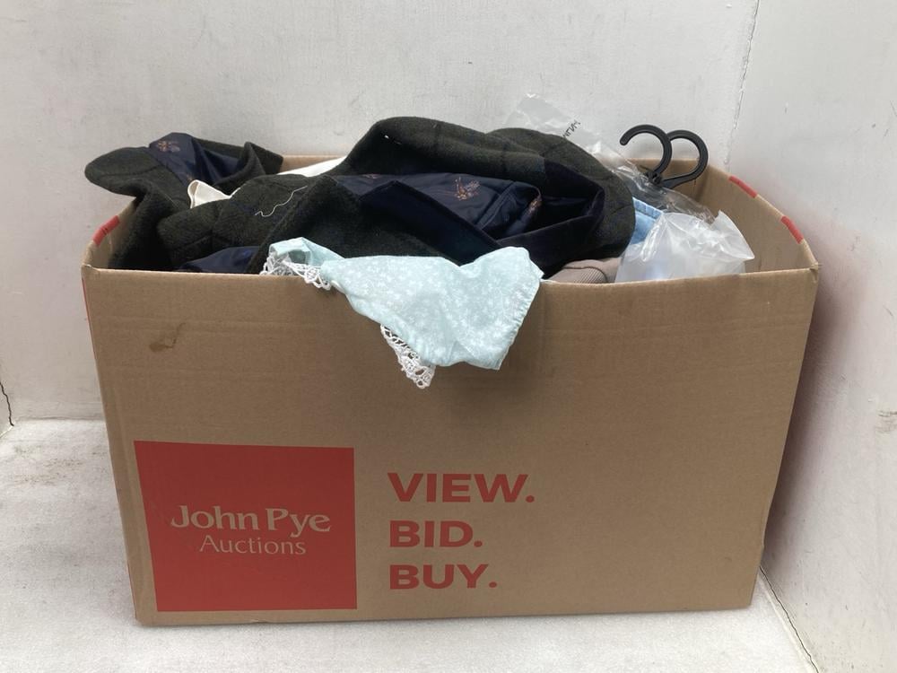 BOX OF ASSORTED CLOTHES TO INCLUDE KIDS DRESS IN B