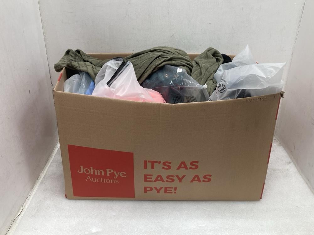 BOX OF ASSORTED CLOTHES TO INCLUDE V-NECK SHIRT IN