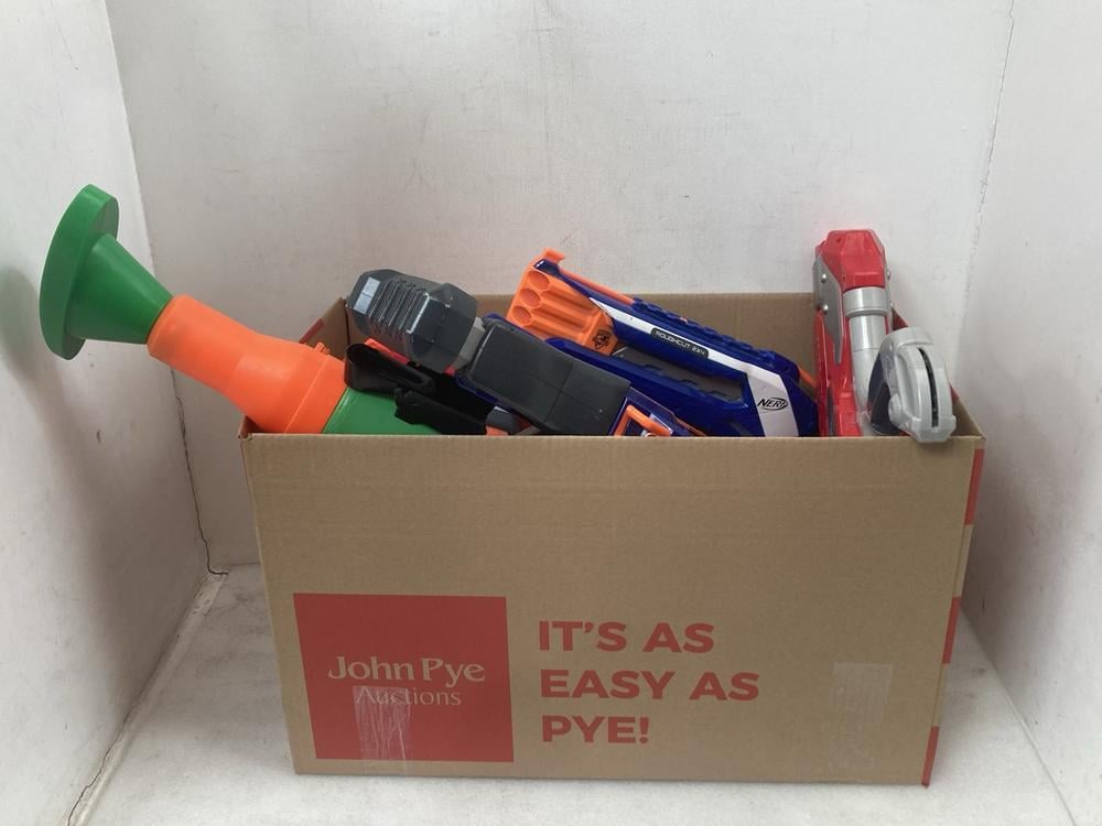 BOX OF ASSORTED TOYS TO INCLUDE NERF FORTNITE RPG 