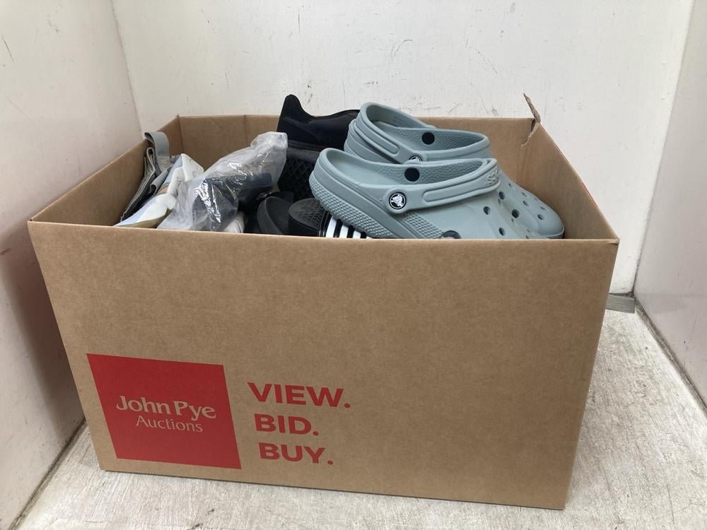 BOX OF ASSORTED SHOES TO INCLUDE BLUE CROCS