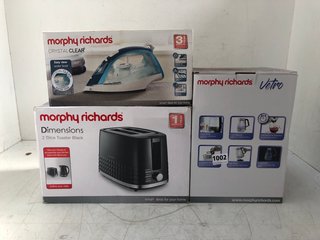 3 X ASSORTED MORPHY RICHARDS ITEMS TO INCLUDE VETRO ILLUMINATING DUAL WALL GLASS KETTLE TO ALSO INCLUDE MORPHY RICHARDS DIMENSIONS 2 SLICE TOASTER IN BLACK: LOCATION - E15