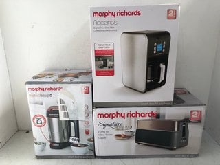 3 X ASSORTED MORPHY RICHARDS ITEMS TO INCLUDE PERFECT SOUP MAKER TO ALSO INCLUDE MORPHY RICHARDS SIGNATURE OPULENT 2 LONG SLOT 4 SLICE TOASTER IN COPPER: LOCATION - E15