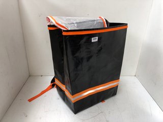 BOX OF BLACK AND ORANGE REFLECTIVE FOOD DELIVERY BACKPACKS: LOCATION - J5