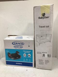 BABY DAN TRAVEL COT TO ALSO INCLUDE GRACO BOOSTER BASIC GROUP 3 CAR SEAT: LOCATION - H4