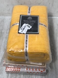 3 X DIVINE TEXTILES PRODUCTS - TO INCLUDE 100% EGYPTIAN COTTON LUXURY TOWEL 2 PIECE SET IN MUSTARD: LOCATION - J14