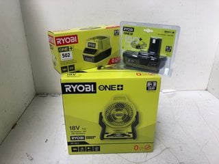 QTY OF ASSORTED RYOBI PRODUCTS TO INCLUDE 18V VENTILATOR FAN: LOCATION - I15