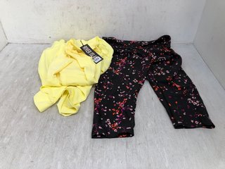 RIVER ISLAND WATERFALL RUFFLE JUMPSUIT IN YELLOW TO INCLUDE MARKS AND SPENCER'S 3/4 LENGTH MULTICOLOURED BOTTOMS - SIZE 14/16: LOCATION - I14