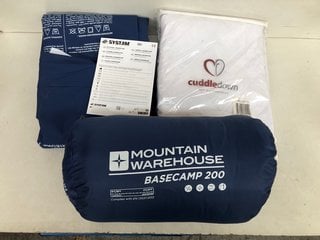 QTY OF SLEEPING ESSENTIALS TO INCLUDE MOUNTAIN WAREHOUSE BASECAMP 200 SLEEPING BAG: LOCATION - I7