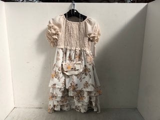 6 X CHILDRENS FLORAL RUFFLE MIDI DRESSES WITH MATCHING CHAIN HANDBAG IN WHITE/IVORY - VARIOUS SIZES: LOCATION - H11