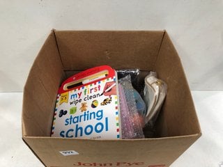 BOX OF ASSORTED CHILDRENS ITEMS TO INCLUDE PRIDDY LEARNING MY FIRST WIPE CLEAN STARTING SCHOOL BOOK: LOCATION - H11