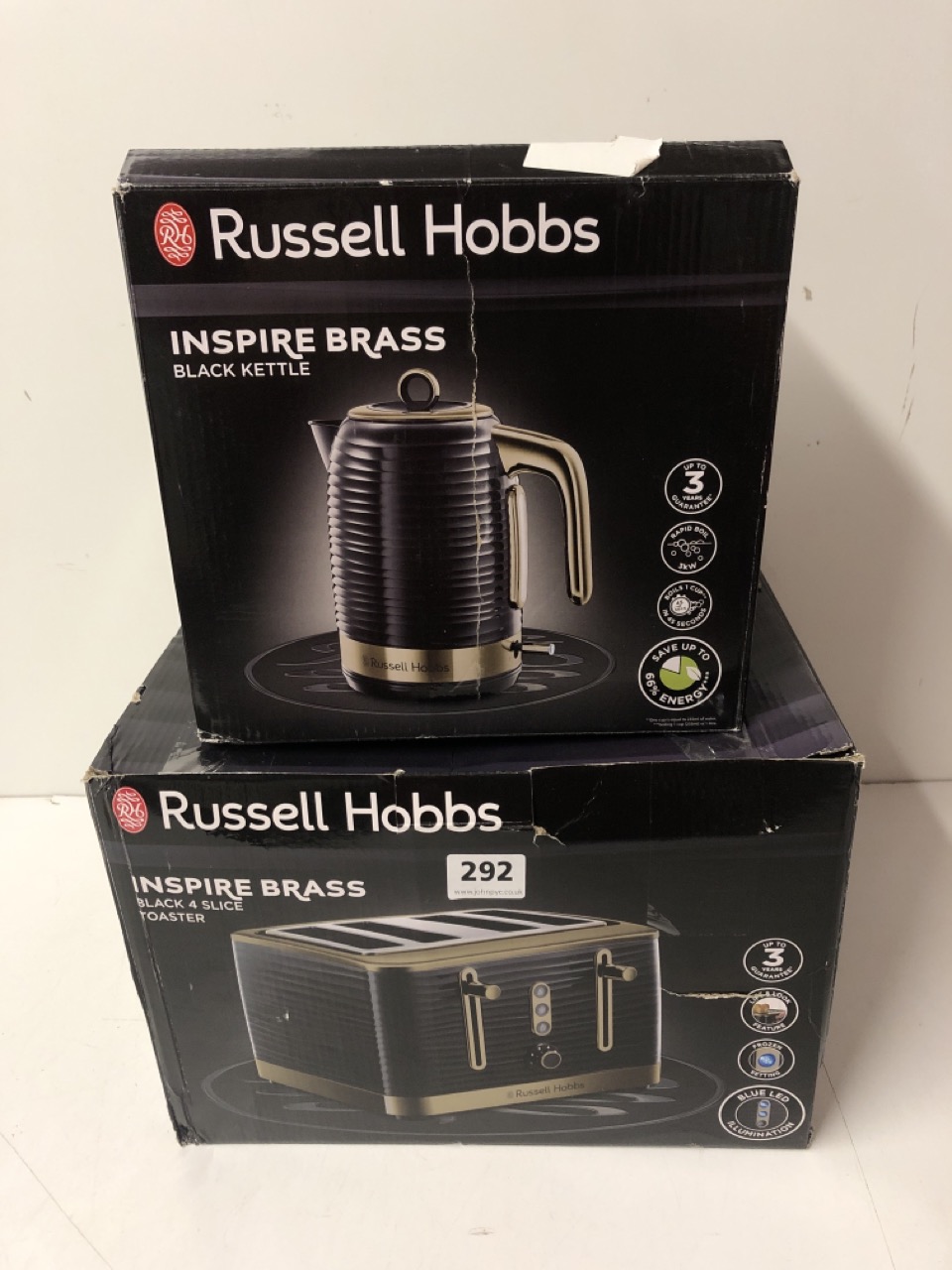 John Pye Auctions RUSSELL HOBBS MATCHING INSPIRE BRASS KETTLE & 4 SLICE TOASTER SET