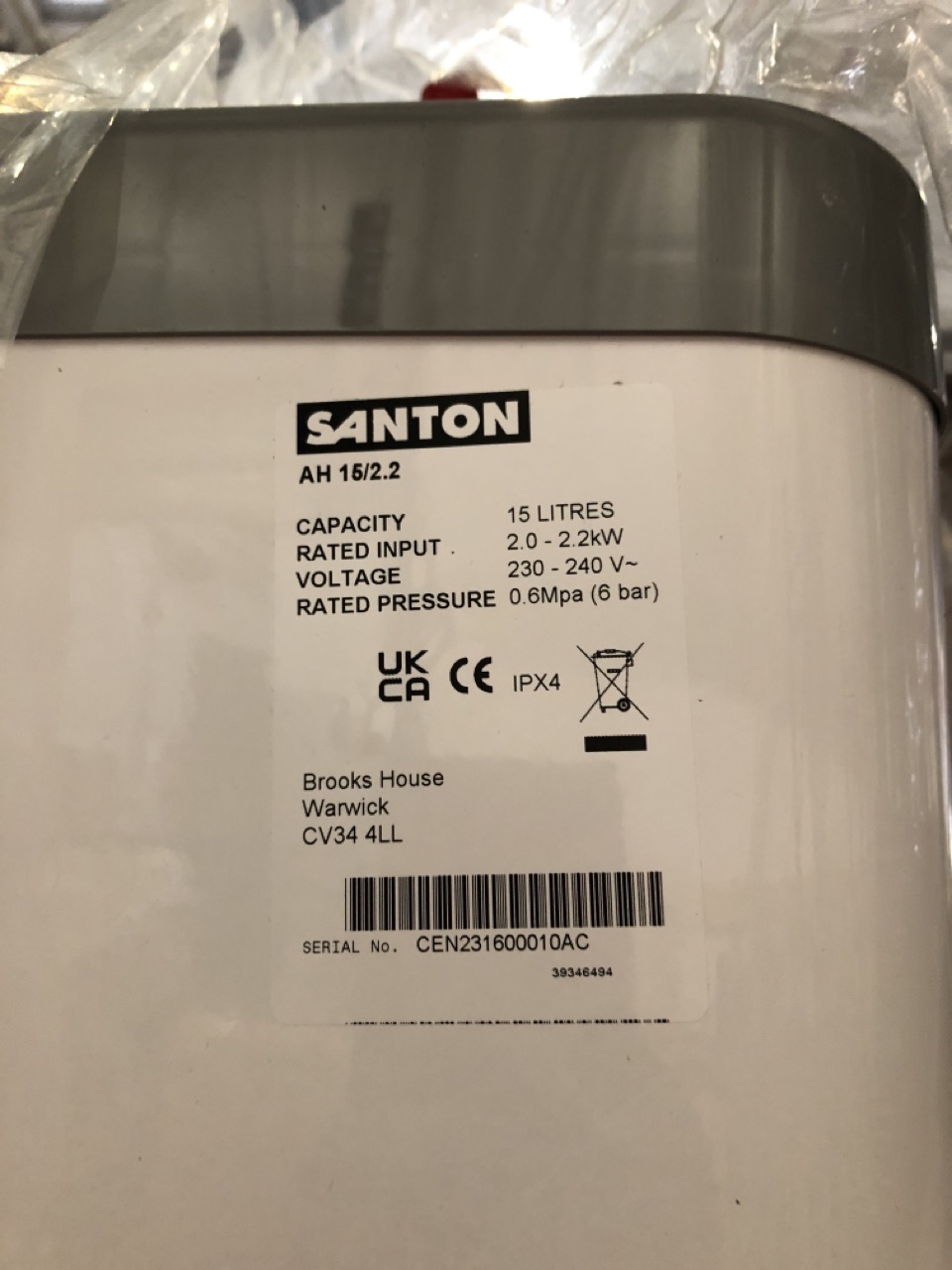 John Pye Auctions - SANTON AQUA HEAT 15/2.2 WATER HEATER RRP £335