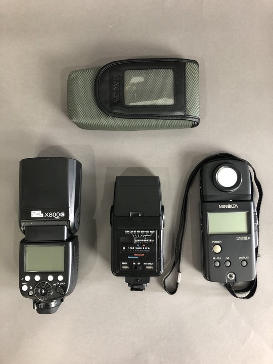 Assorted Camera Accessories, to include: Praktica BC2400 Flash, untested, Pixel X800c Pro Flash, untested & Minolta Colormeter IIIf, with Pouch, Untested