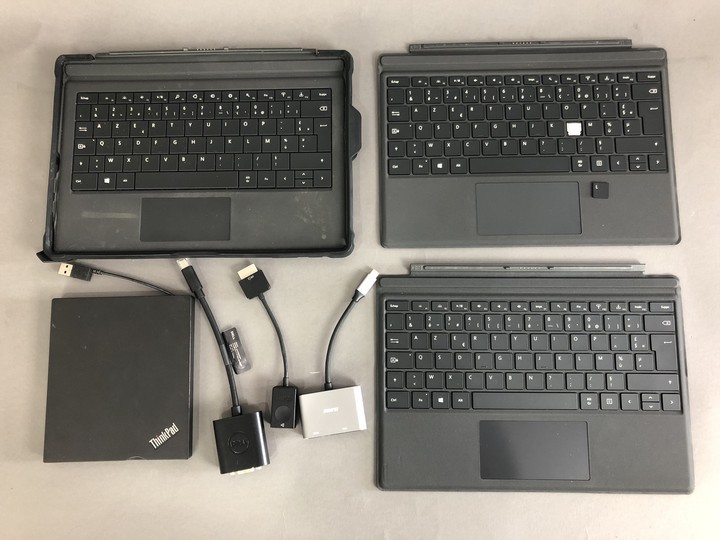 Assorted Tech Accessories, to Include: Thinkpad DVD Burner, untested, Three Microsoft Tablet Keyboards & Three Cables Converters