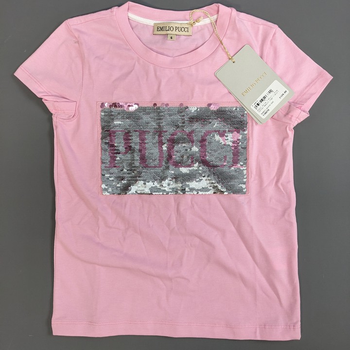 Emillio Pucci Girls Cotton Sequin Logo T-Shirt, Size 6 Years