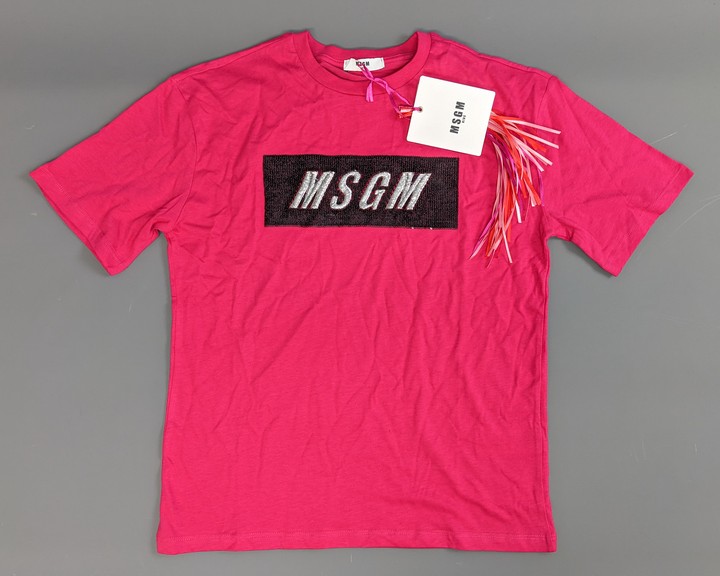 MSGM Girls Fushia Cotton Sequins Logo T-Shirts, Size 12 Years