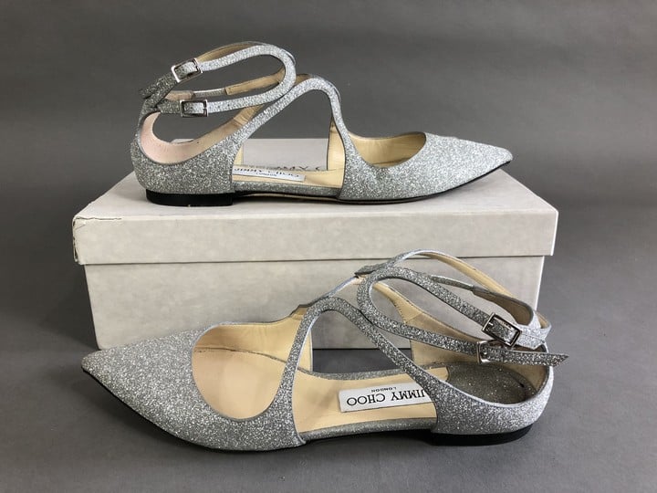 Jimmy Choo Lancer Flat IGT Silver Glitter Shoes, Size 7.5