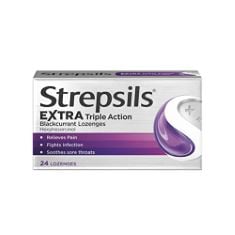 60 X STREPSILS EXTRA TRIPLE ACTION BLACKCURRANT LOZENGES, FOR SORE THROAT RELIEF, 24 LOZENGES.