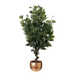 3 X LEAF ARTIFICIAL INDOOR TREE WITH PLANTER, MIXED MATERIALS, EVERGREEN FICUS COPPER CURVE, 110CM.