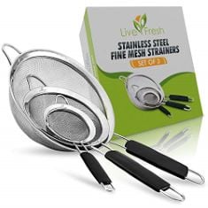 21 X LIVEFRESH KITCHEN SIEVE SET - PREMIUM FINE STAINLESS STEEL FINE MESH SET OF STRAINERS, COLANDERS AND SIFTERS CRAFTED FOR QUINOA AND MORE WITH COMFORTABLE NON SLIP HANDLES - SET OF 3.