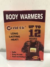 QTY OF ITEMS TO INLCUDE WORLD-BIO BODY WARMERS , WORLD-BIO HEATED INSOLE.