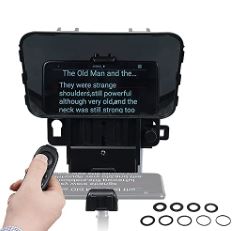 DESVIEW T3 TELEPROMPTER, DESVIEW T2 BROADCAST TELEPROMPTER UPGRADED VERSION, FOR SMARTPHONE TABLET DSLR CAMERAS, SUPPORT WIDE ANGLE LENS, RETRACTABLE BASE SUPPORTS 11" TABLET, APP/REMOTE CONTROLLER.