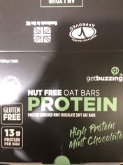 12 X BOX OF GET BUZZING NUT FREE OAT PROTEIN BARS IN MINT CHOC FLAVOUR .