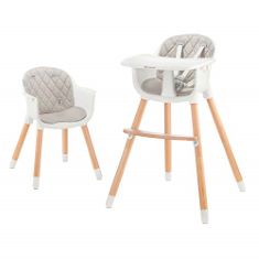 KINDERKRAFT SIENNA 2-IN-1 HIGHCHAIR, BABY CHAIR, COMBINATION HIGH CHAIR, WOODEN LEGS, 5-POINT HARNESS, FOOTREST, REMOVABLE TRAY, NON-SLIP CHAIR LEG CAPS, FROM 6 MONTHS TO 4 YEARS, GREY.