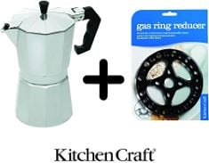 9 X ITALIAN STYLE NINE CUP ESPRESSO COFFEE MAKER AND KITCHEN CRAFT GAS REDUCER RING ITAL9CUP AND KCREDUCER.