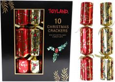 BOX OF ASSORTED CHRISTMAS ITEMS INCLUDING PACK OF 10 - 36CM RED, GOLD & GREEN FOIL CHRISTMAS CRACKERS WITH HOLLY DESIGN.