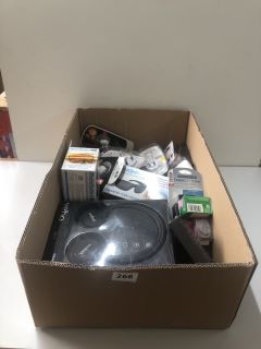 BOX OF ASSORTED ITEMS INC VEHO HEADPHONES