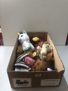 BOX OF ASSORTED SOFT TOYS & BLUSH POM POM KEYRING