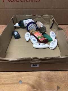 BOX OF ASSORTED ITEMS INC CUSSONS IMPERIAL LEATHER TROPICAL RAINFOREST REVIVING SHOWER GEL