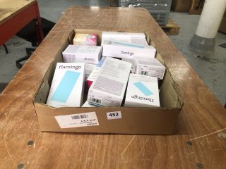 BOX OF ASSORTED ITEMS INC FLAMINGO BODY WAX KIT 24X WAX STRIPS 6X POST-WAX CLOTHS